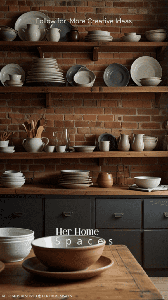 A dining area featuring earthenware dishes, linen napkins, and a wooden table, complemented by a brick backsplash in the kitchen. . Transform your home with earthy tones!