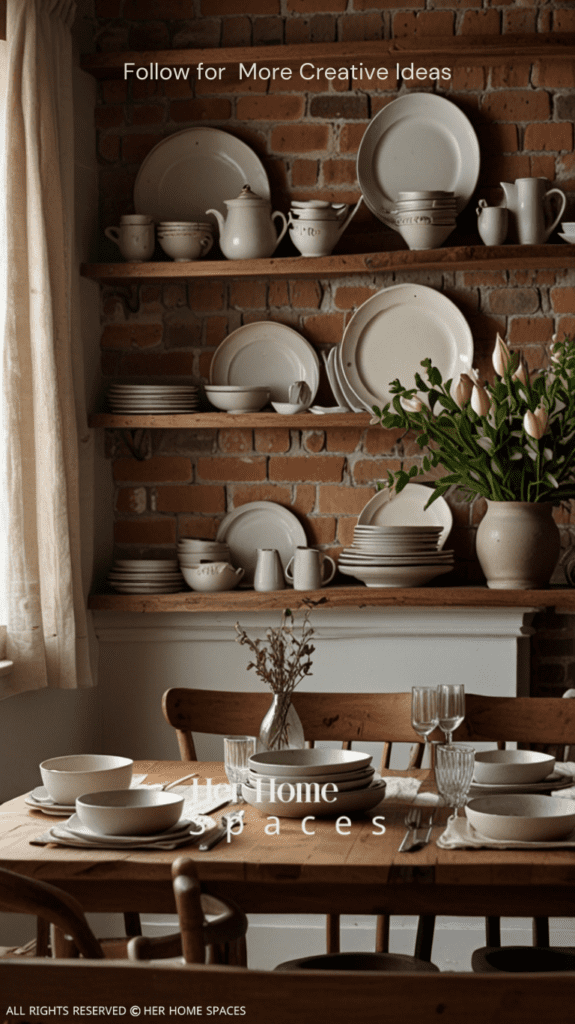 A dining area featuring earthenware dishes, linen napkins, and a wooden table, complemented by a brick backsplash in the kitchen. . Transform your home with earthy tones!