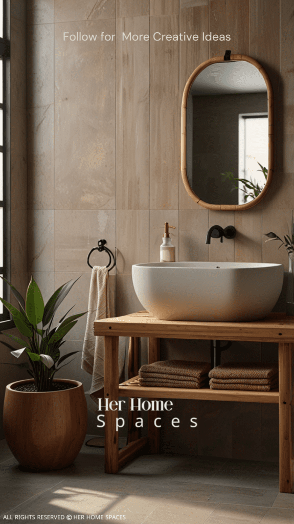 A bathroom featuring soft clay-colored tiles, a wooden vanity, and bamboo accessories, creating a spa-like atmosphere. . Transform your home with earthy tones!