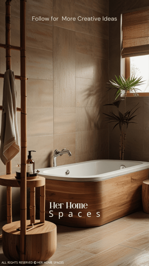 A bathroom featuring soft clay-colored tiles, a wooden vanity, and bamboo accessories, creating a spa-like atmosphere. . Transform your home with earthy tones!