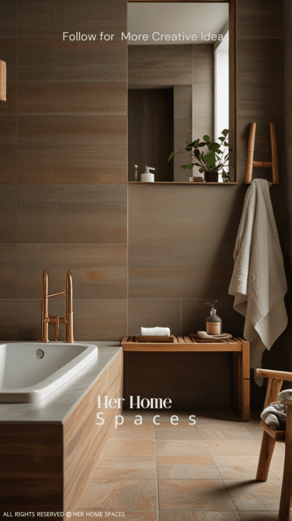 A bathroom featuring soft clay-colored tiles, a wooden vanity, and bamboo accessories, creating a spa-like atmosphere. . Transform your home with earthy tones!