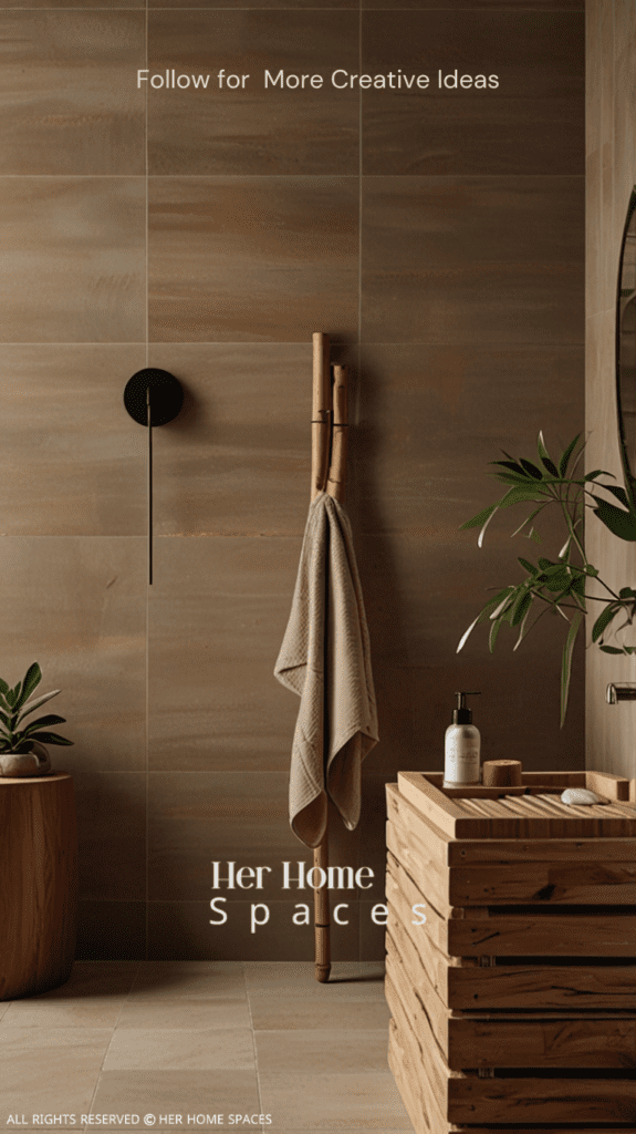 A bathroom featuring soft clay-colored tiles, a wooden vanity, and bamboo accessories, creating a spa-like atmosphere. . Transform your home with earthy tones!