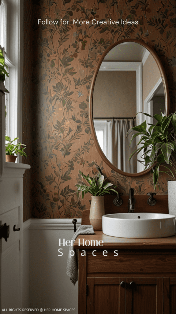 A bathroom featuring soft clay-colored tiles, a wooden vanity, and bamboo accessories, creating a spa-like atmosphere. Transform your home with earthy tones!