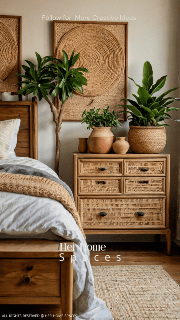 A bedroom featuring potted plants on wooden bedside tables, woven baskets for storage, and clay pottery on a wooden dresser. Transform your home with earthy tones!