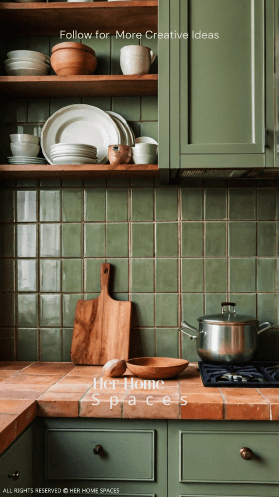 A kitchen with terracotta tile backsplash, muted green cabinetry, and wooden countertops, creating a warm and functional space. Transform your home with earthy tones!