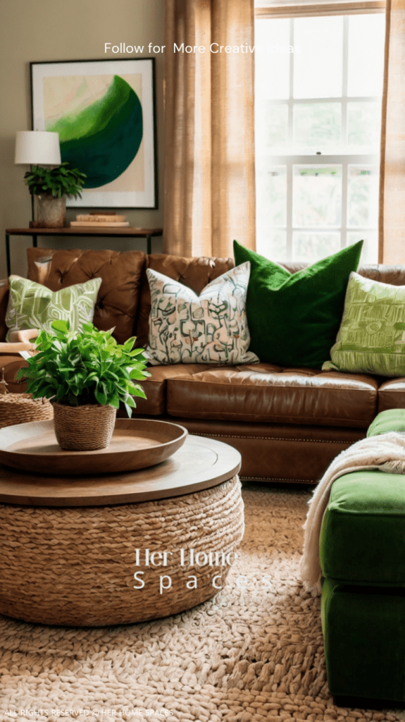 A living room with a wooden coffee table, plush beige rug, and green throw pillows on a brown leather sofa, complemented by stone planters and woven baskets. Transform your home with earthy tones!