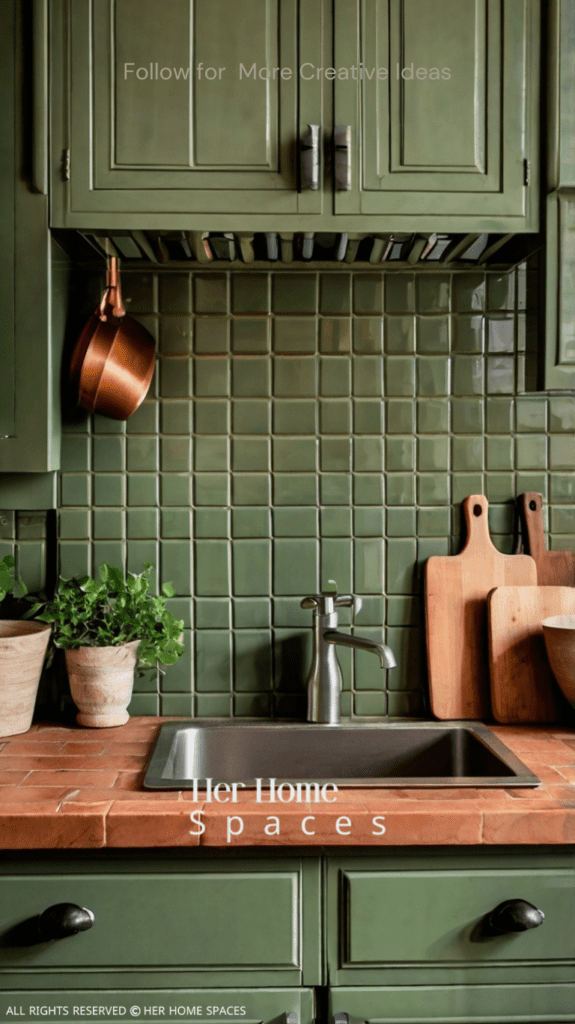 A kitchen with terracotta tile backsplash, muted green cabinetry, and wooden countertops, creating a warm and functional space. Transform your home with earthy tones!