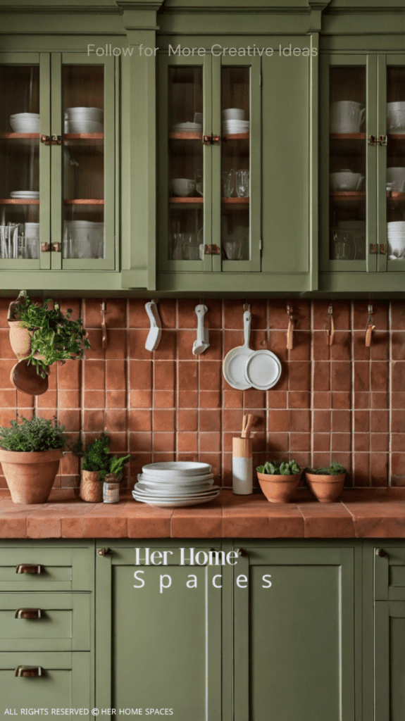 A kitchen with terracotta tile backsplash, muted green cabinetry, and wooden countertops, creating a warm and functional space. Transform your home with earthy tones!