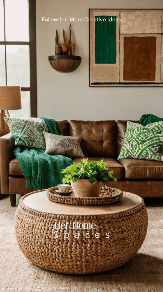 A living room with a wooden coffee table, plush beige rug, and green throw pillows on a brown leather sofa, complemented by stone planters and woven baskets.Transform your home with earthy tones!