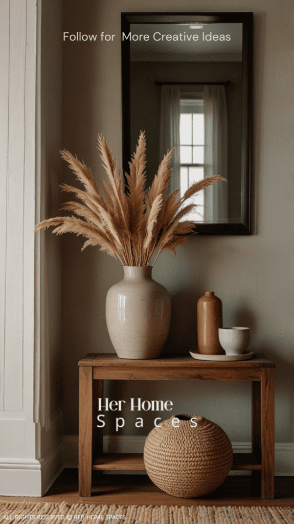  An entryway featuring a wooden console table, a ceramic vase with dried pampas grass, and a woven rug. Transform your home with earthy tones!