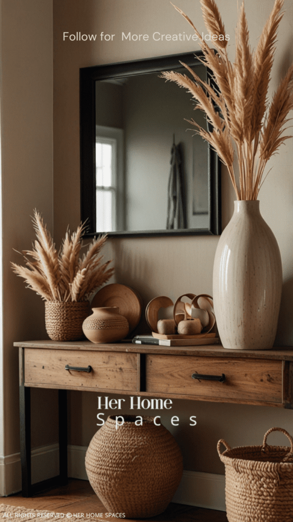  An entryway featuring a wooden console table, a ceramic vase with dried pampas grass, and a woven rug. Transform your home with earthy tones!