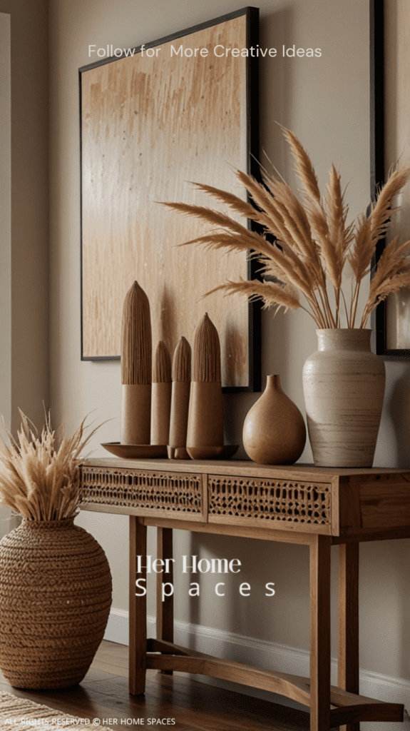  An entryway featuring a wooden console table, a ceramic vase with dried pampas grass, and a woven rug. Transform your home with earthy tones!