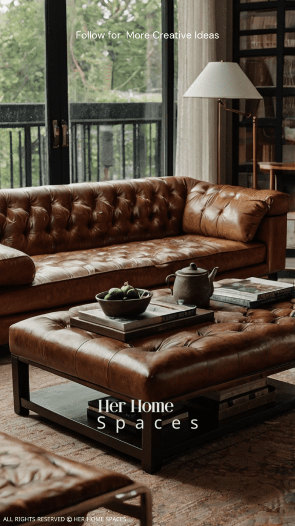 A living room with a blend of vintage and contemporary furniture, including a vintage leather sofa and modern coffee table