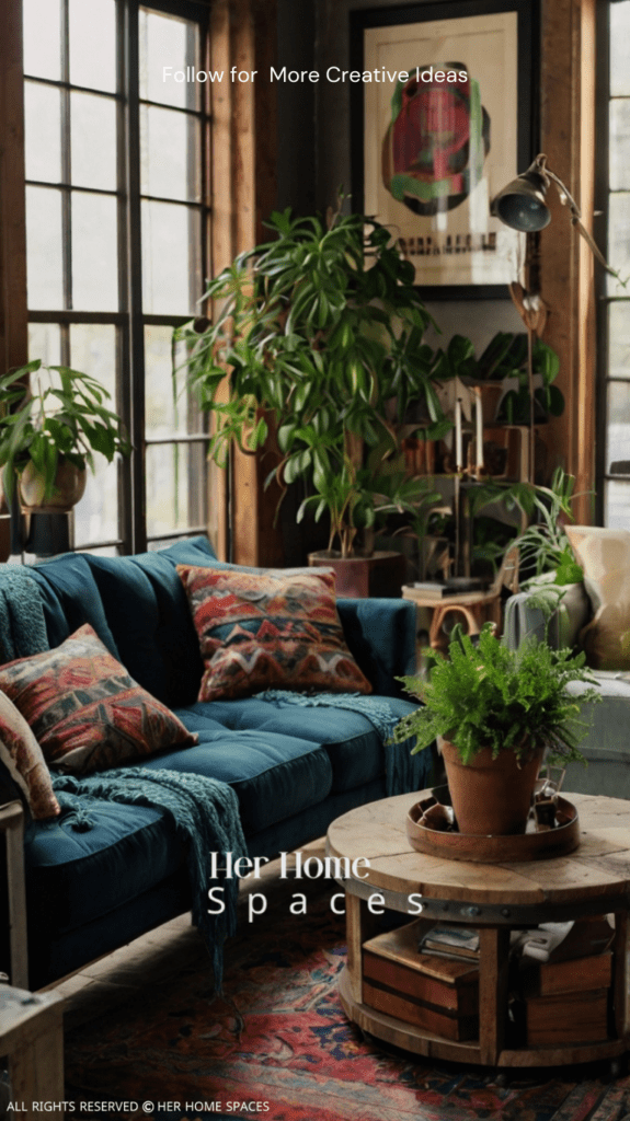 A living room with boho and industrial elements, including a mix of metal and wood furniture, colorful rugs, and greenery.