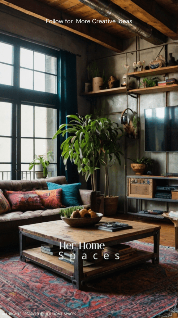 A living room with boho and industrial elements, including a mix of metal and wood furniture, colorful rugs, and greenery.