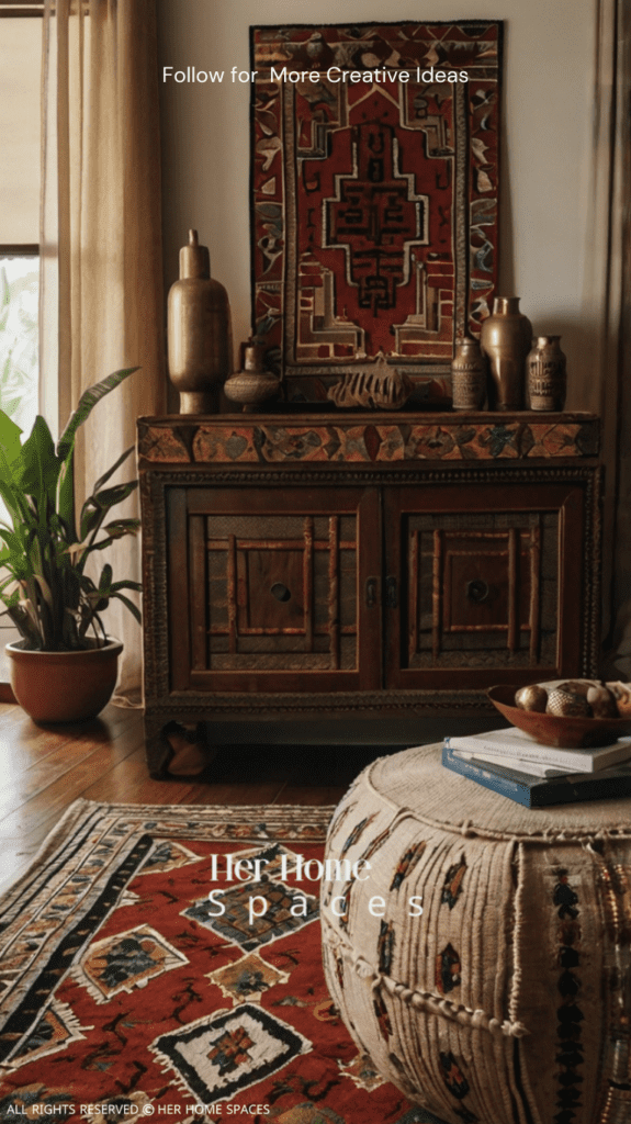  A living room showcasing a mix of global decor items, including a Moroccan rug, African masks, and Asian-inspired wall art.