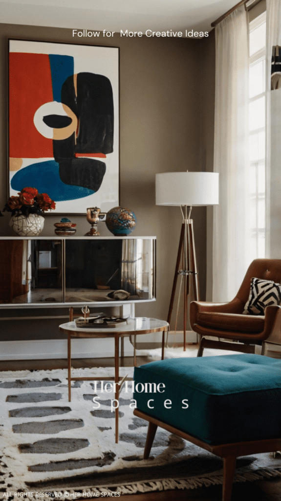 A living room featuring mid-century modern furniture mixed with bold, modern art and eclectic accessories.