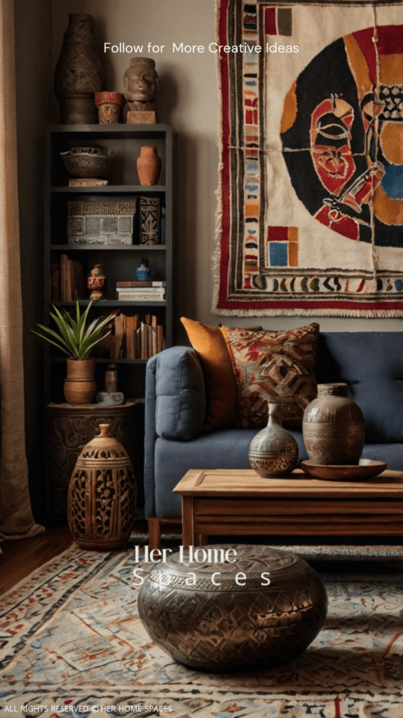  A living room showcasing a mix of global decor items, including a Moroccan rug, African masks, and Asian-inspired wall art.