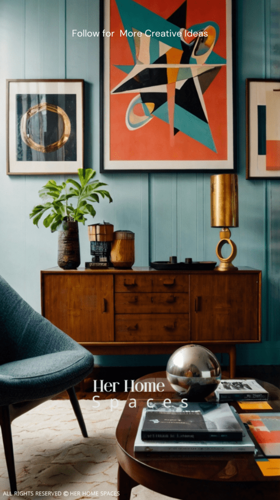 A living room featuring mid-century modern furniture mixed with bold, modern art and eclectic accessories.