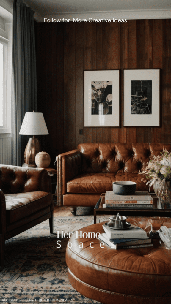 A living room with a blend of vintage and contemporary furniture, including a vintage leather sofa and modern coffee table