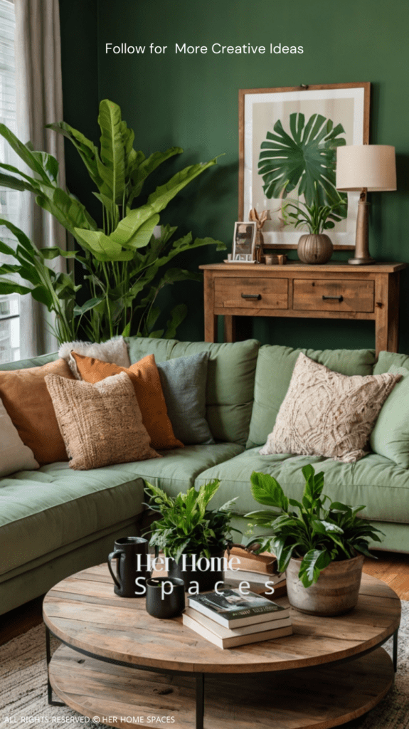 A cozy living room with soft green walls, a reclaimed wood coffee table, and lush indoor plants.