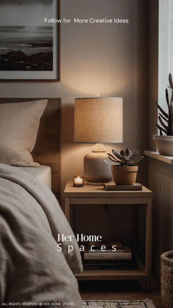  A cozy bedroom with a minimalist nightstand featuring a simple lamp, a book, and a small succulent. The bed is dressed in neutral tones, with a multifunctional bed frame underneath. space-saving furniture