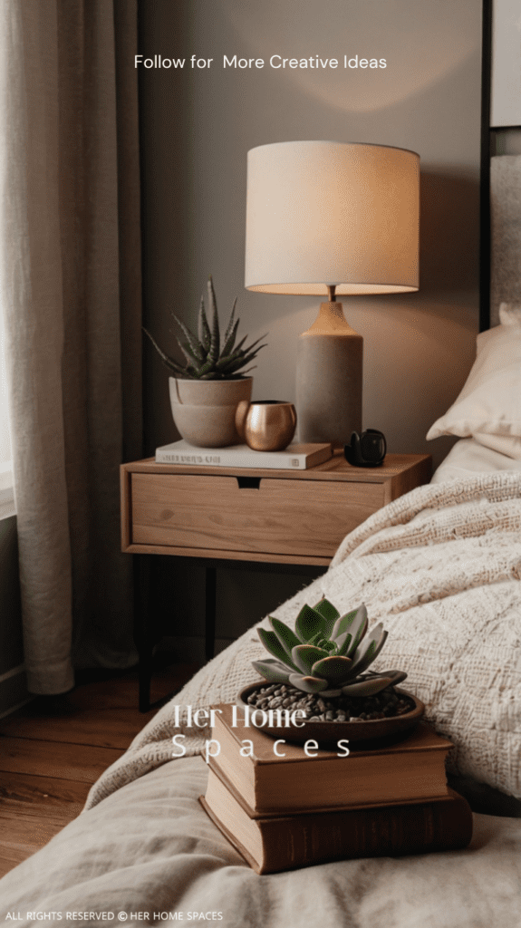  A cozy bedroom with a minimalist nightstand featuring a simple lamp, a book, and a small succulent. The bed is dressed in neutral tones, with a multifunctional bed frame underneath.