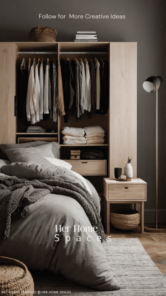  A small, well-organized bedroom with a built-in wardrobe, minimalist nightstand, and cozy bedding that shows how small spaces can still be stylish and functional.