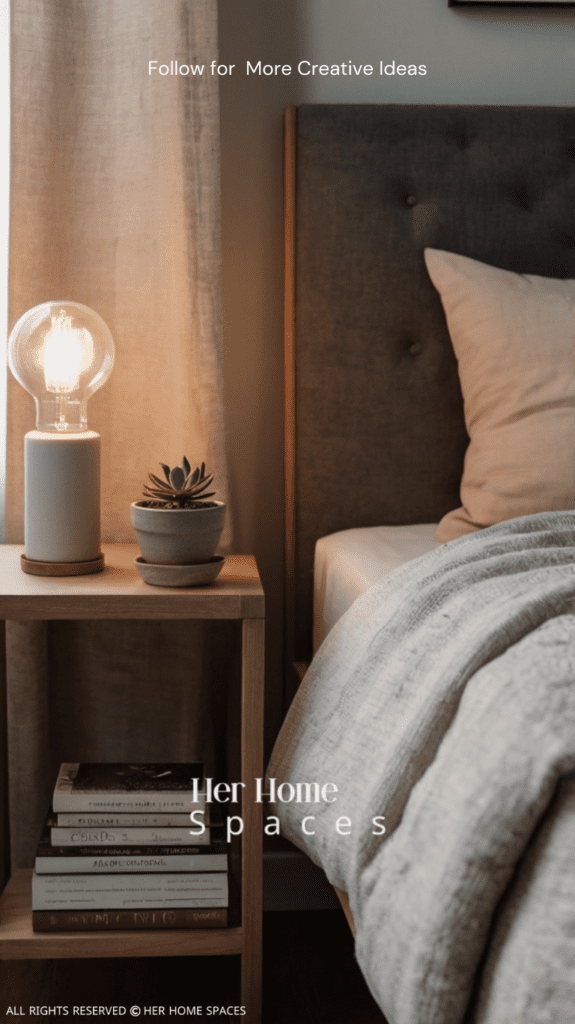  A cozy bedroom with a minimalist nightstand featuring a simple lamp, a book, and a small succulent. The bed is dressed in neutral tones, with a multifunctional bed frame underneath.