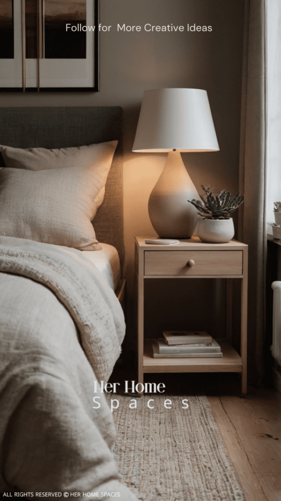  A cozy bedroom with a minimalist nightstand featuring a simple lamp, a book, and a small succulent. The bed is dressed in neutral tones, with a multifunctional bed frame underneath.