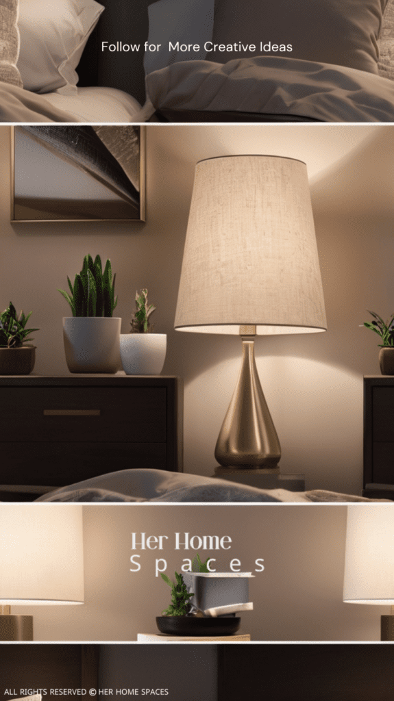  A bedroom with layered lighting, including a dimmable bedside lamp and soft ambient lighting.