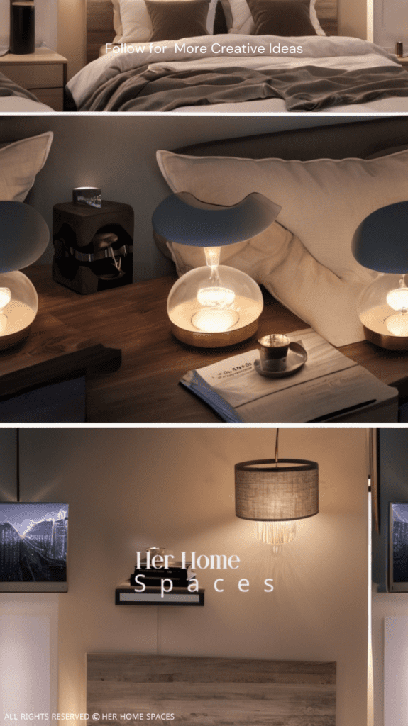  A bedroom with layered lighting, including a dimmable bedside lamp and soft ambient lighting.