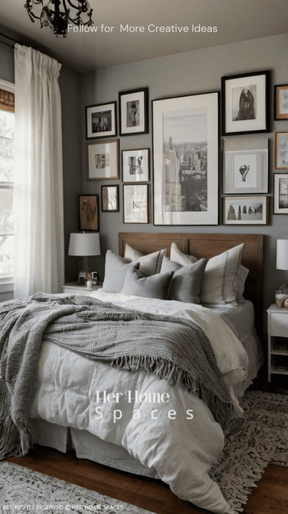  A serene bedroom with fresh bedding, DIY-painted furniture, and a personalized gallery wall. Home Styling