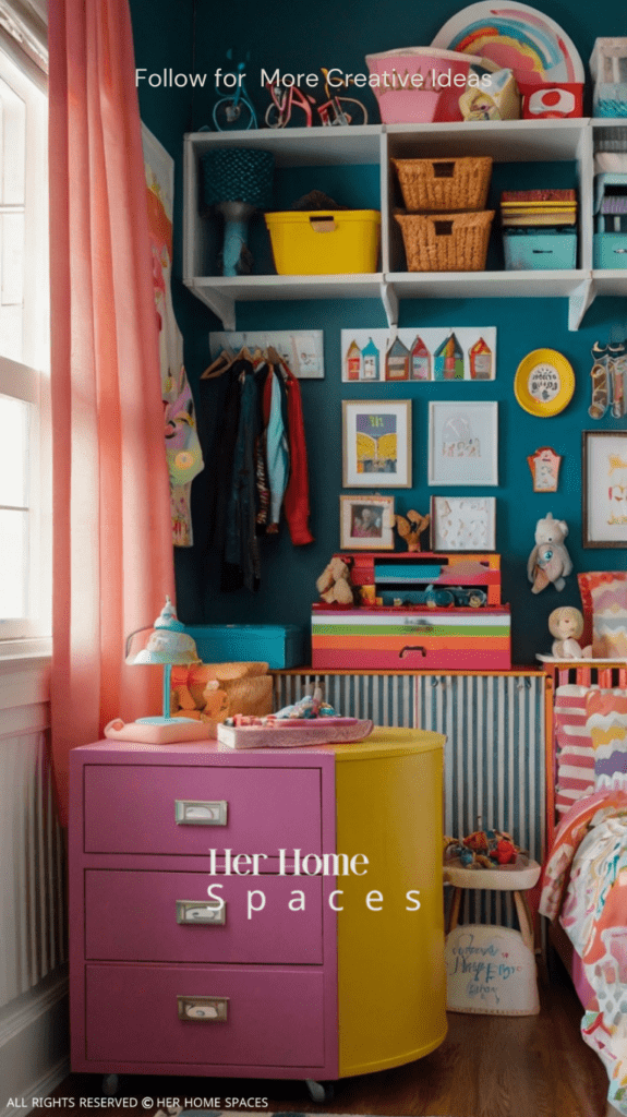  A colorful and organized kids’ room with repurposed furniture, removable wall decals, and fun storage solutions. Home Styling