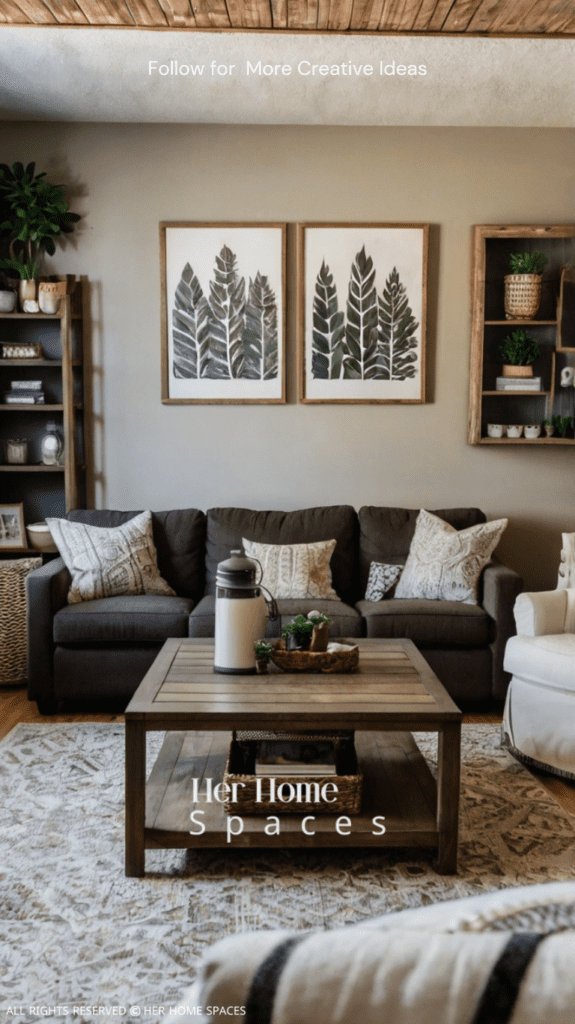  A stylish living room featuring discount store finds, including a chic area rug, modern throw pillows, and trendy wall art. Home Styling