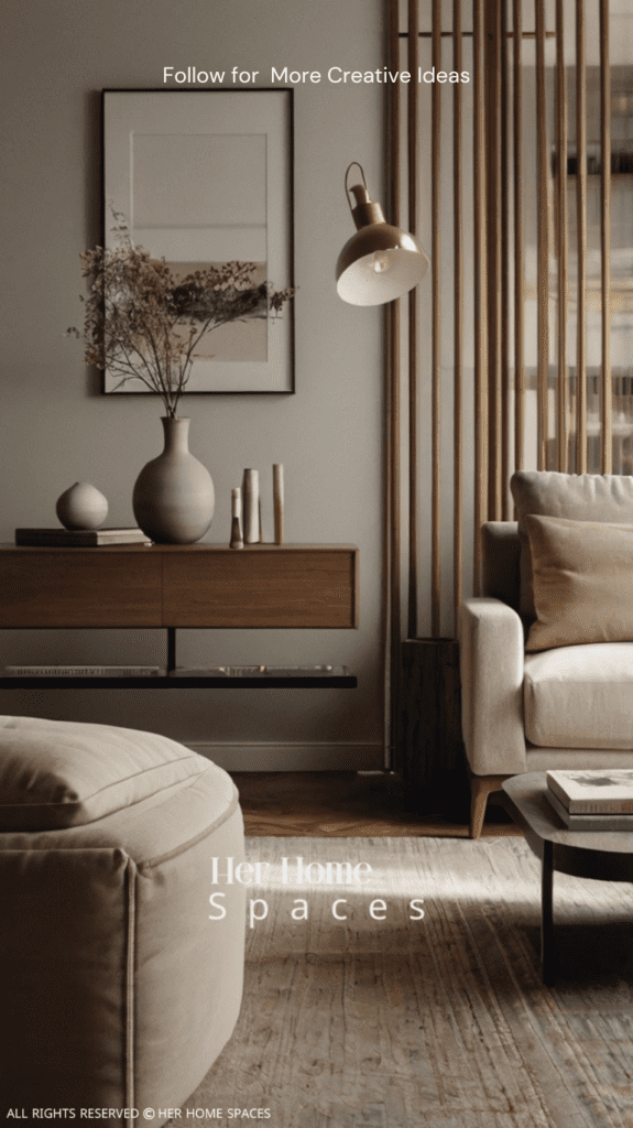 Image of a minimalist living room featuring a sleek, neutral-colored sofa with simple decor elements.