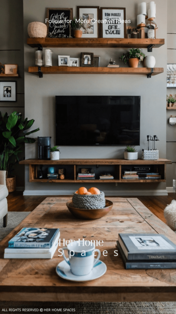 A cozy living room with DIY wall art, a painted coffee table, and homemade floating shelves. Home Styling