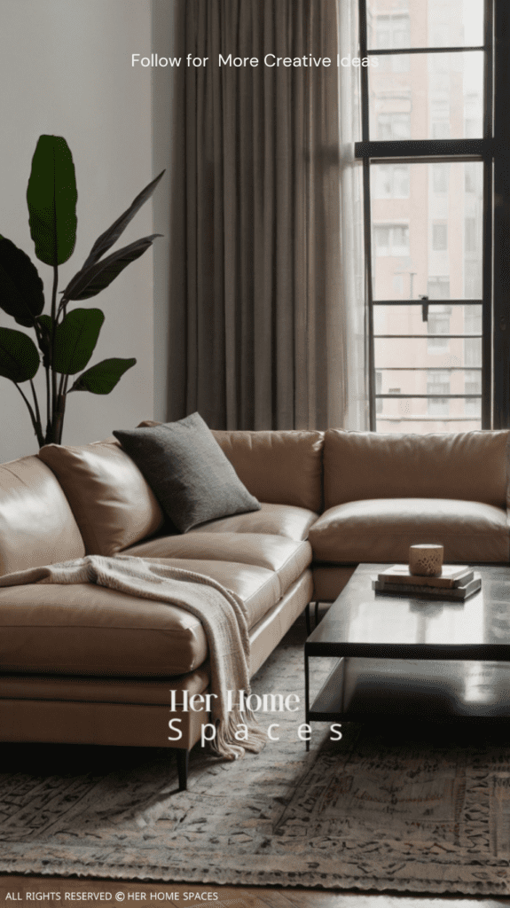 Image of a minimalist living room featuring a sleek, neutral-colored sofa with simple decor elements.