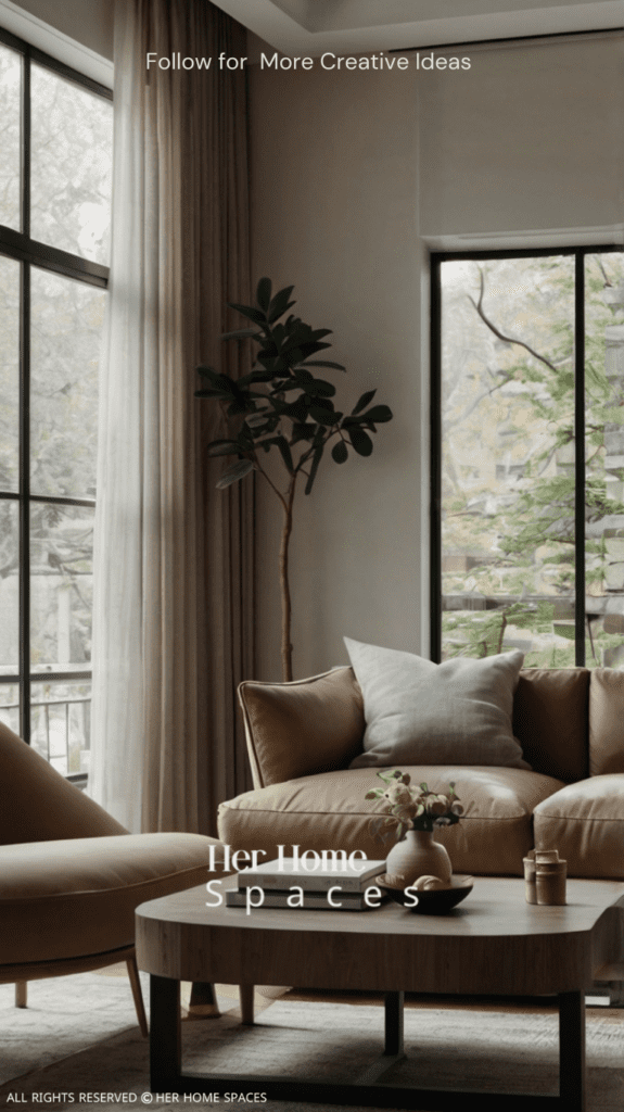 Image of a minimalist living room featuring a sleek, neutral-colored sofa with simple decor elements.