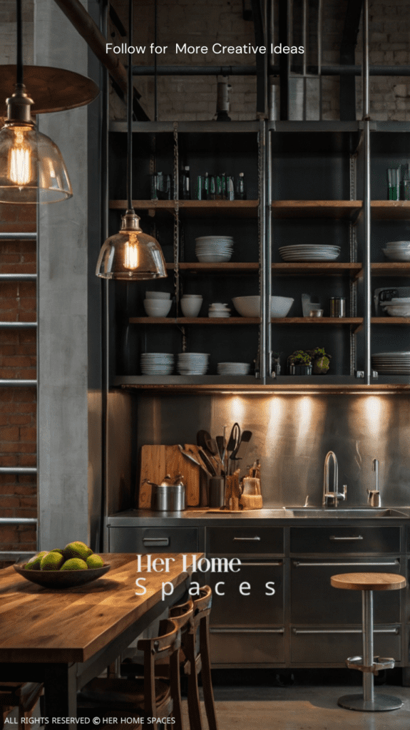 An urban industrial kitchen with open shelving, a mix of wood and metal materials, and pendant lighting.