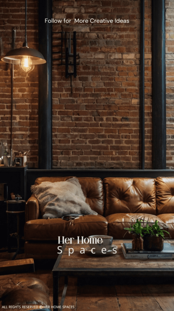 A cozy living room with an exposed brick wall, metal-framed sofa, reclaimed wood coffee table, and industrial lighting.