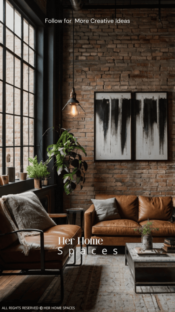 A cozy living room with an exposed brick wall, metal-framed sofa, reclaimed wood coffee table, and industrial lighting.