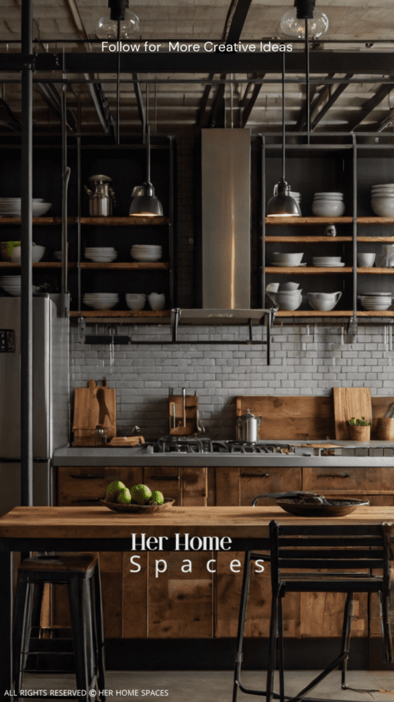 An urban industrial kitchen with open shelving, a mix of wood and metal materials, and pendant lighting.