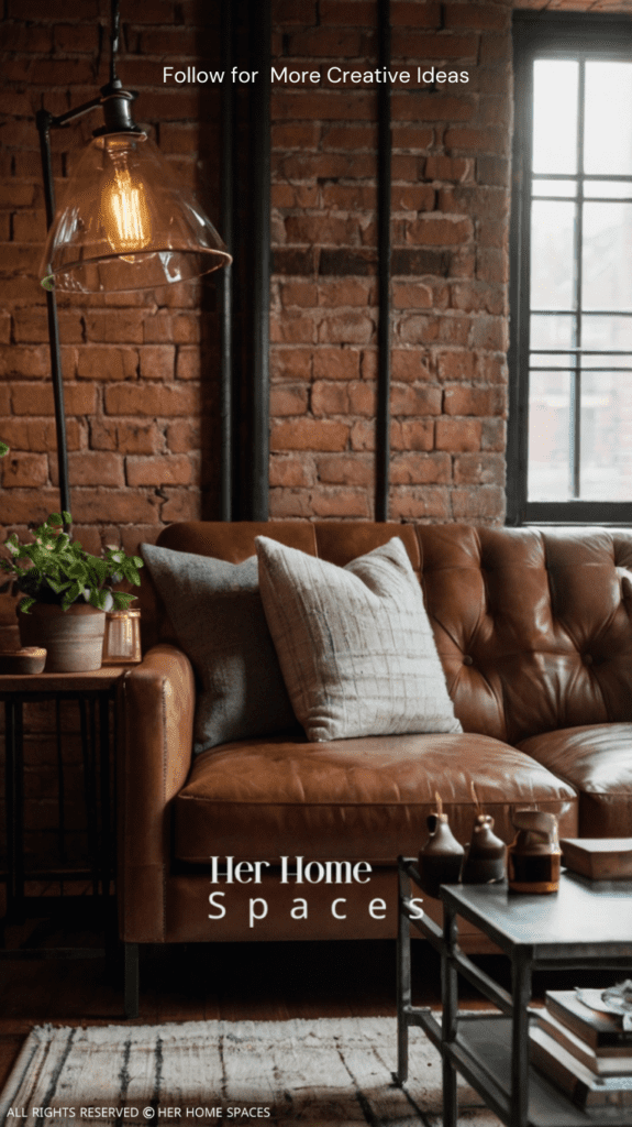 A cozy living room with an exposed brick wall, metal-framed sofa, reclaimed wood coffee table, and industrial lighting.