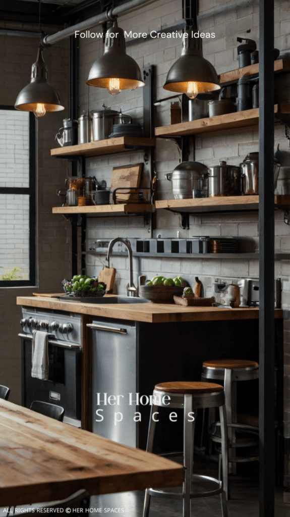 An urban industrial kitchen with open shelving, a mix of wood and metal materials, and pendant lighting.