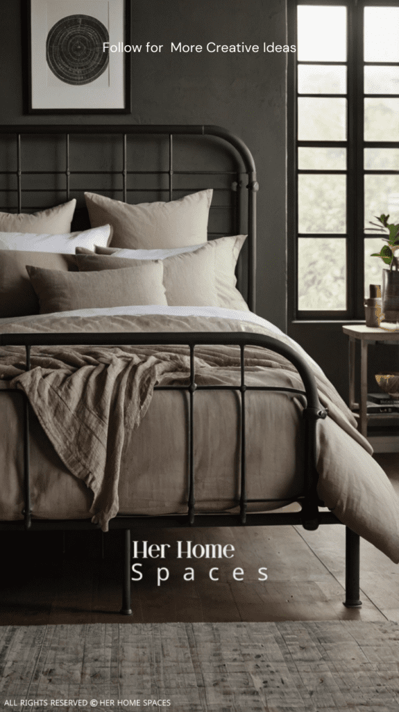 A bedroom with a metal bed frame, soft linen bedding, and industrial-style storage solutions.