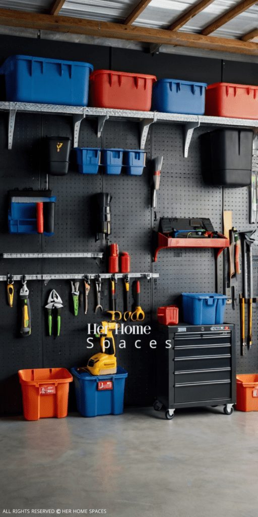 A clean, organized garage with wall-mounted shelves holding bins and tools neatly arranged.