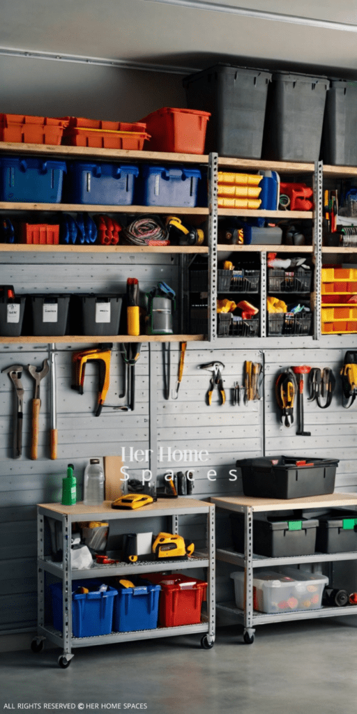 A clean, organized garage with wall-mounted shelves holding bins and tools neatly arranged.