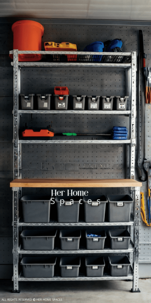 A clean, organized garage with wall-mounted shelves holding bins and tools neatly arranged.