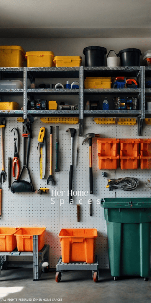 A clean, organized garage with wall-mounted shelves holding bins and tools neatly arranged.